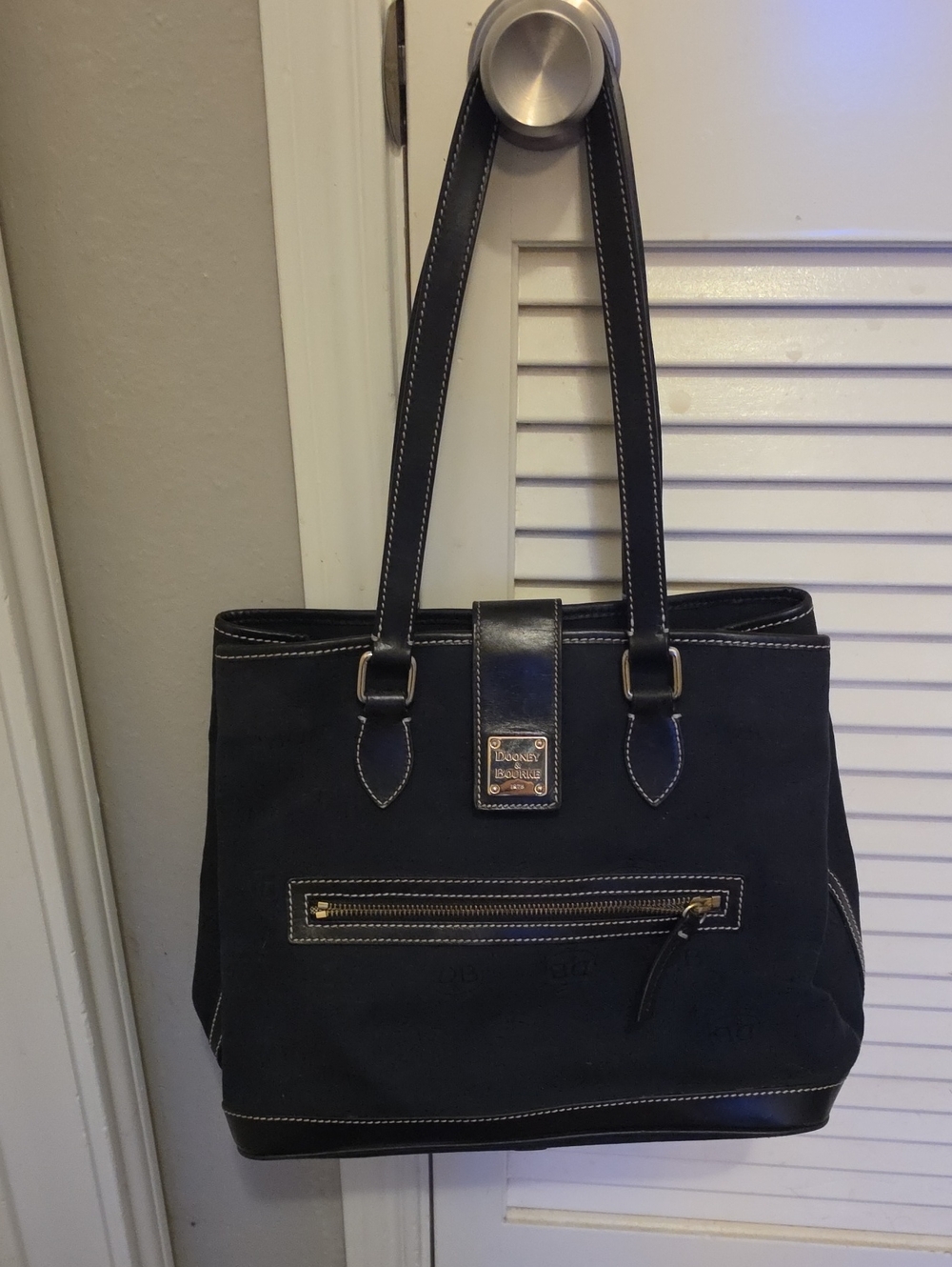 Dooney & Bourke Black Canvas Shoulder Tote with Leather Trim